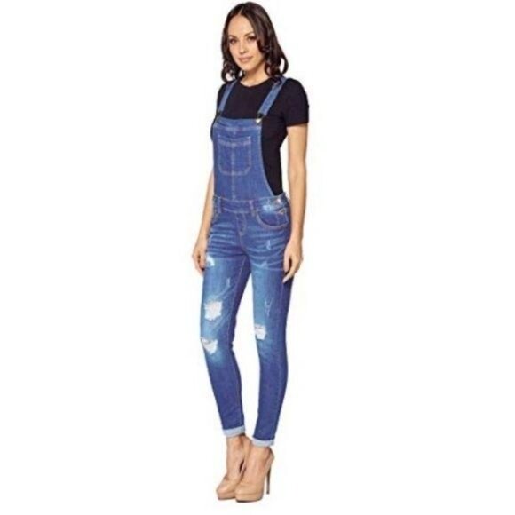 Wax Distressed Soft & Stretchy Medium Blue Denim Overalls - Picture 2 of 5